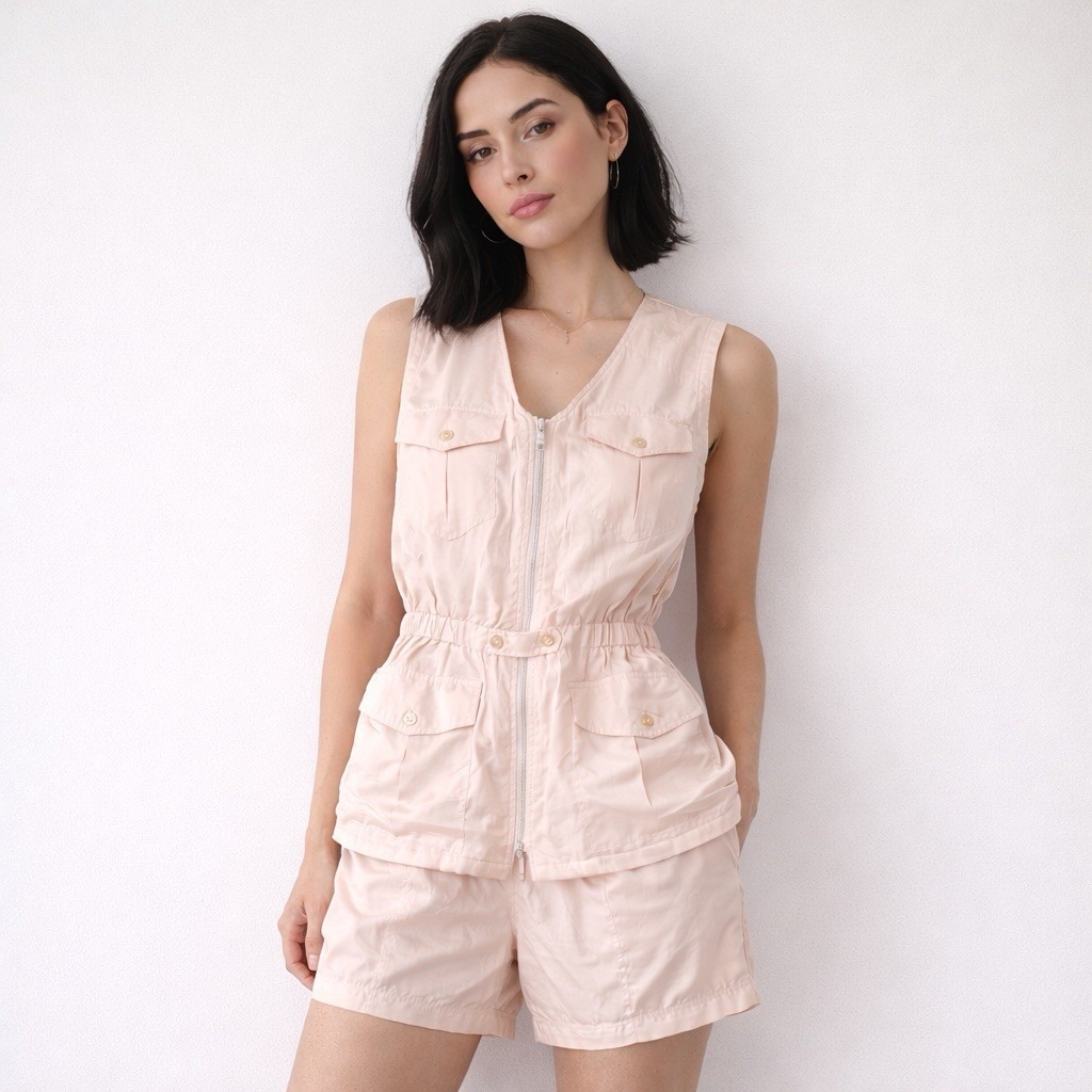 Vtg 90s Beautex 100% Silk 2pc Set Ballet Pink Safari Vest Shorts Small Nwt G-Iii